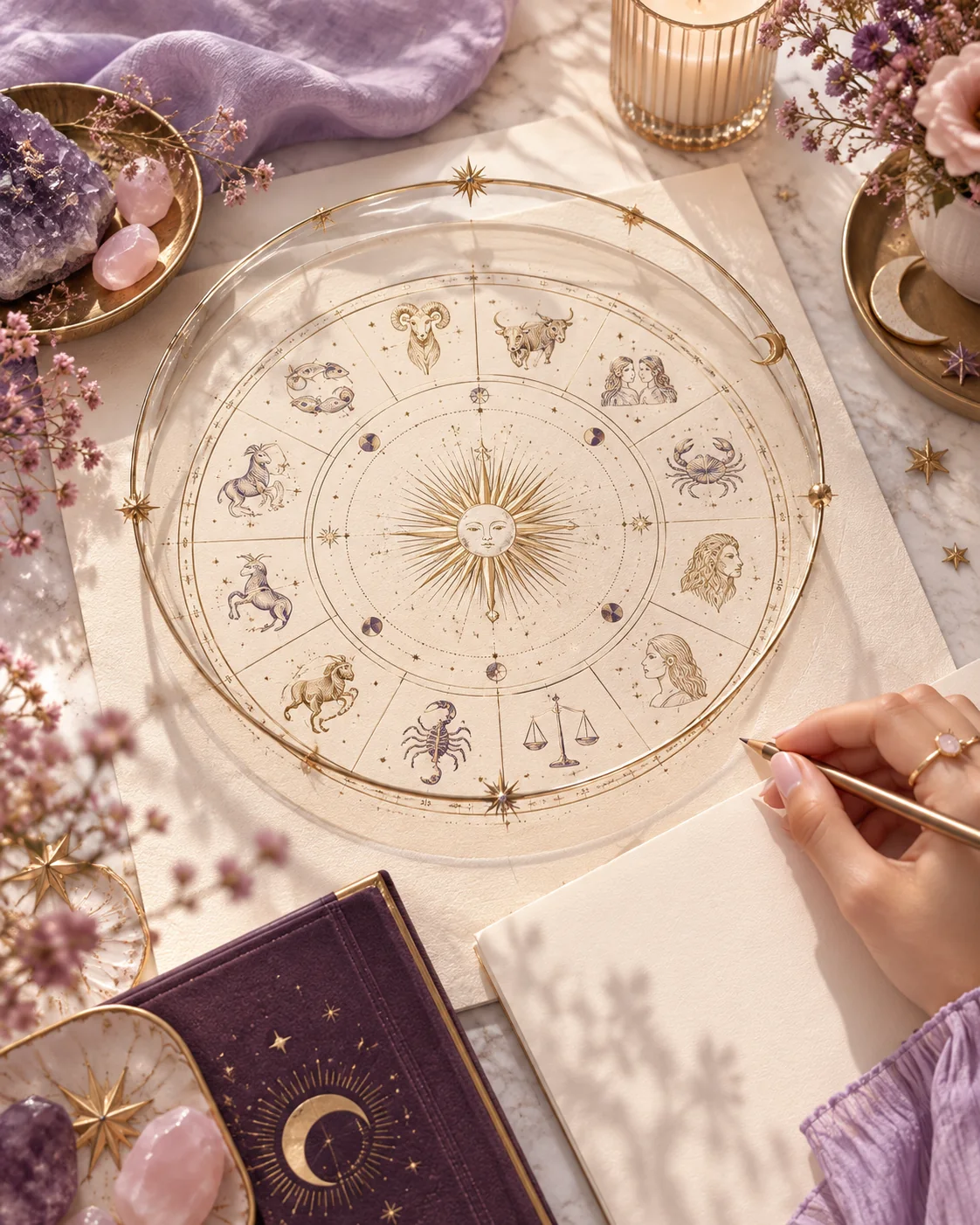Roda zodiacal ilustrativa em dourado, com elementos de astrologia e tons de lavanda
