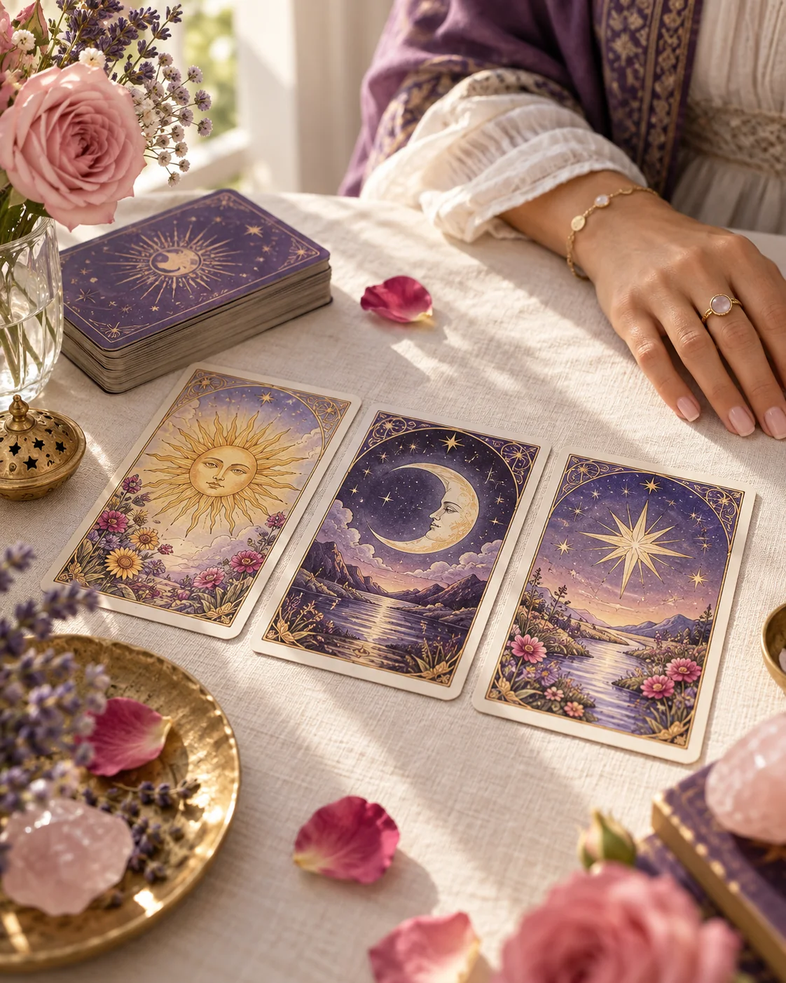 Cartas de Tarot em uma mesa clara, com detalhes em roxo e dourado